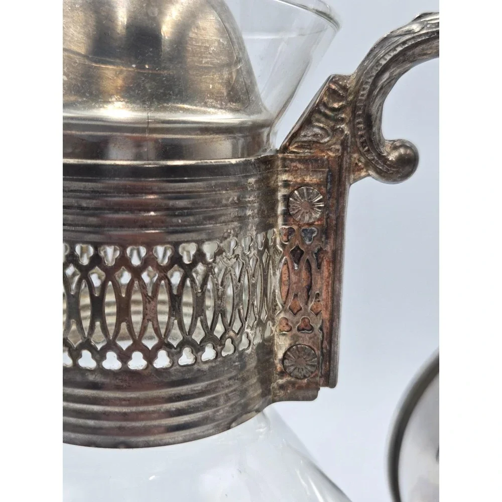 Vintage  Silver Plated Glass Coffee Pot Carafe W / Warming Stand 14.5